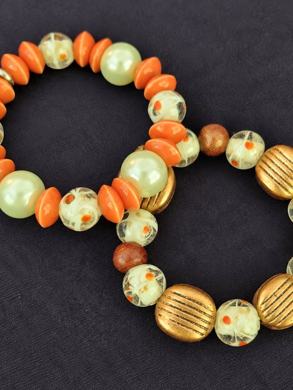 Orange Green Beaded Stretch Bracelet Set of 2 Chunky Statement Jewelry